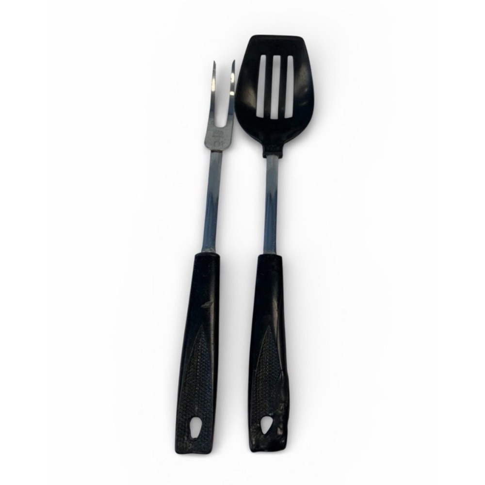 Vintage EKCO Carving Fork & Slotted Spoon Set USA Black Handles Kitchen Utensils